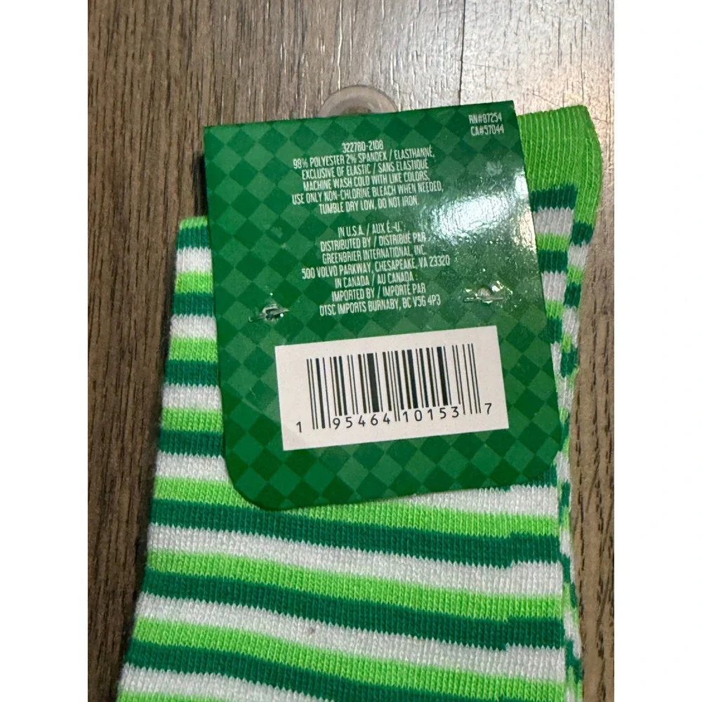 Greenbrier Crew Socks Women Size 5-9 Green Stripe Leprechaun Saint Patricks